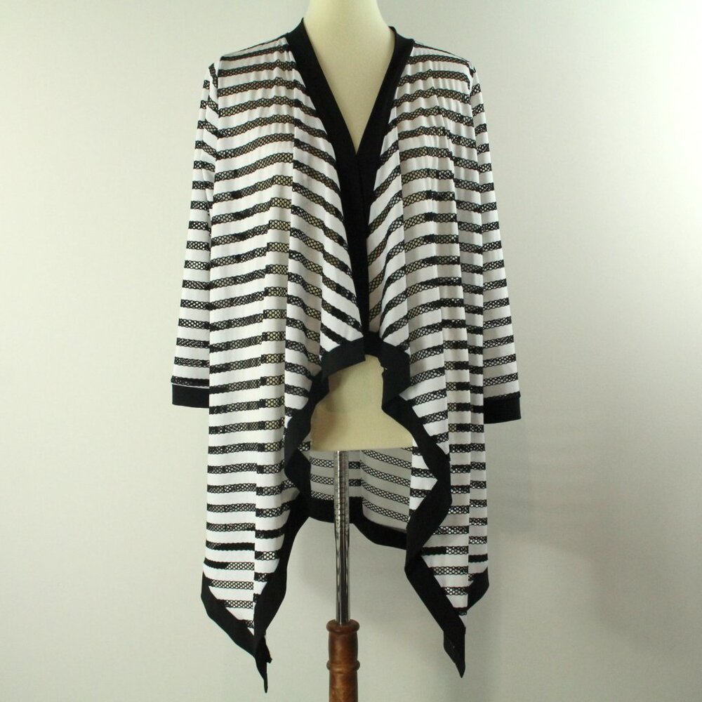 IC By Connie K Black White Stripe Waterfall Asymmetric Hemline Cardigan Topper M